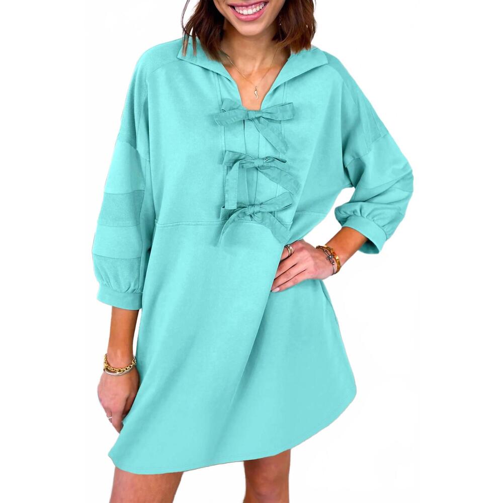 NEW LITTLE DAISY CLOSET bow long sleeve mini dress in turquoise